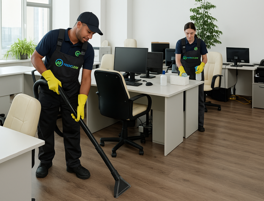 Deux hommes nettoient un bureau moderne.